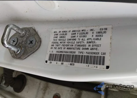 2006 Honda Accord 2.4 Ex z USA, uszkodzony, nr VIN 1HGCM56746A108290